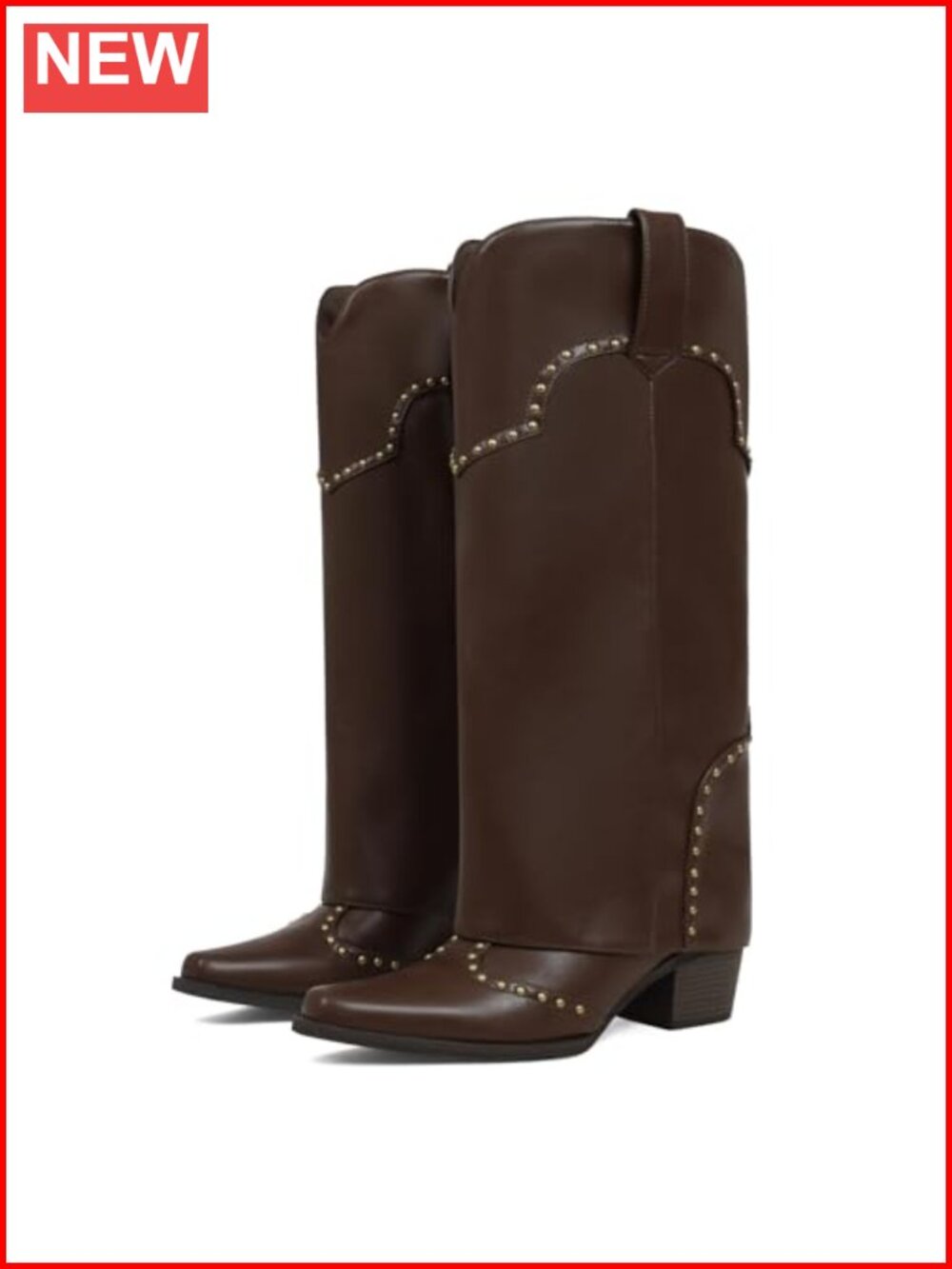 Fold Over Knee High Boots Chunky Block Heel Snip Toe Studded Pull-On